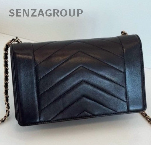 Chanel Chevron Mini Chain Shoulder Bag Crossbody Black Gold Women Classic