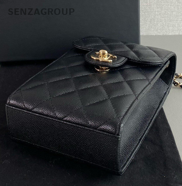 Chanel Diamond Chain Shoulder Bag Crossbody Black Gold Women Classic