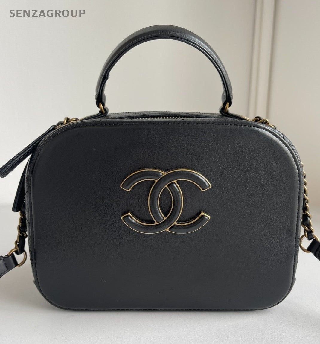Chanel Calfskin Chain Top Handle Bag Crossbody Black Gold Women Classic