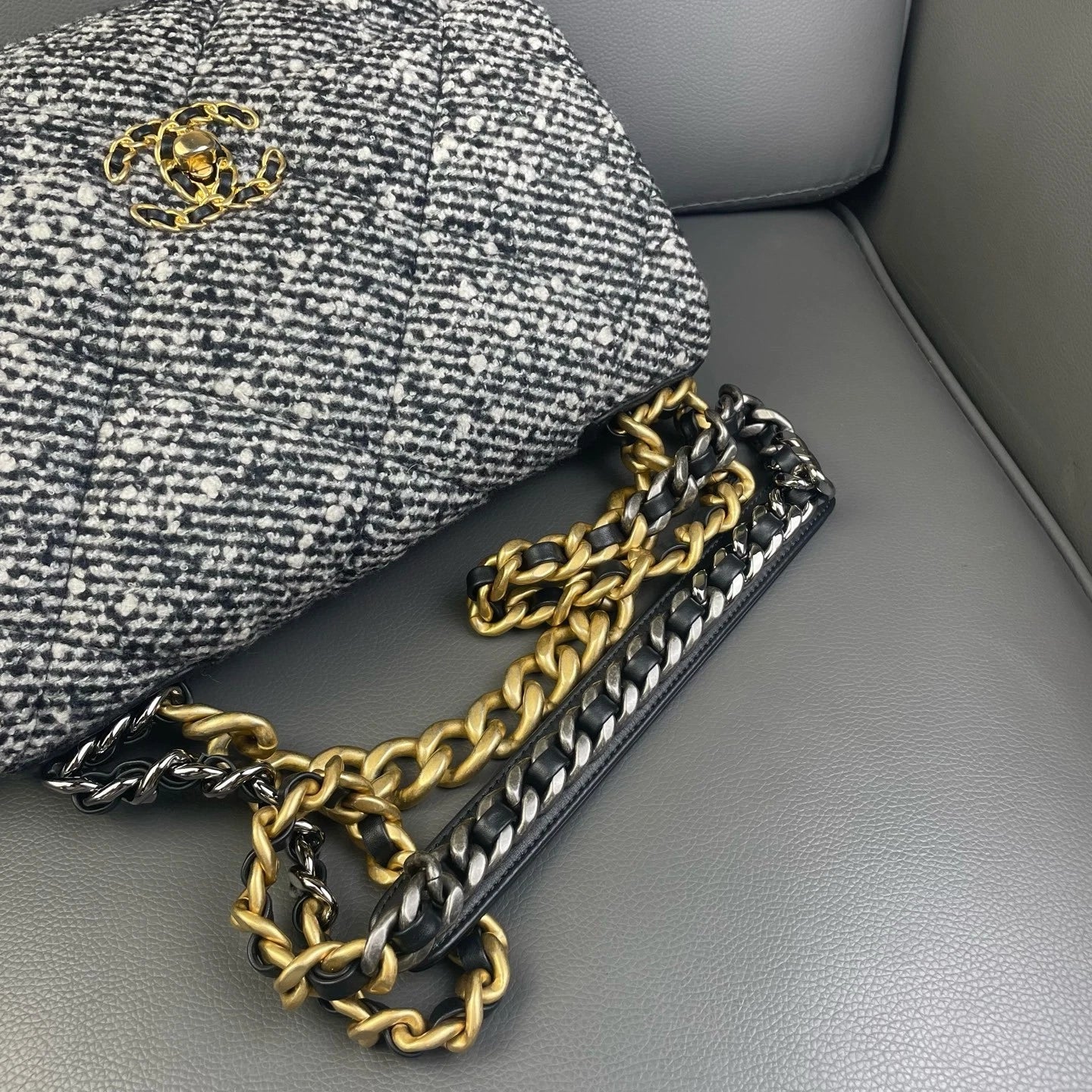 CHANEL 19 Large Wool Leather Shoulder Crossbody Handbag For Women