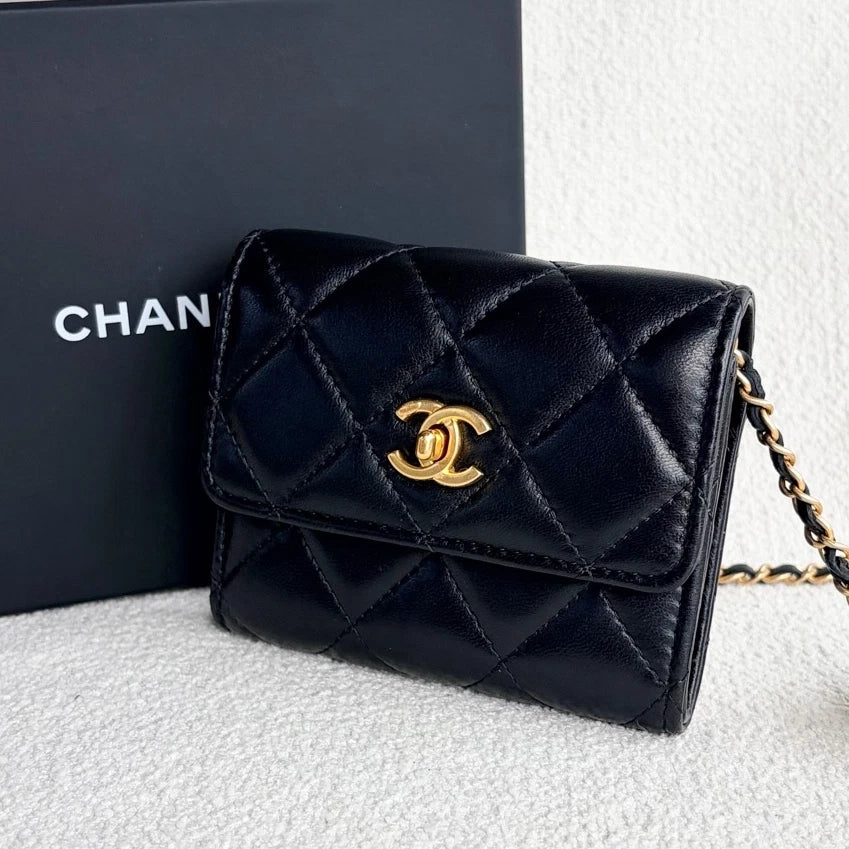 Chanel WOC Mini Chain Lambskin Crossbody Black Gold Women Classic