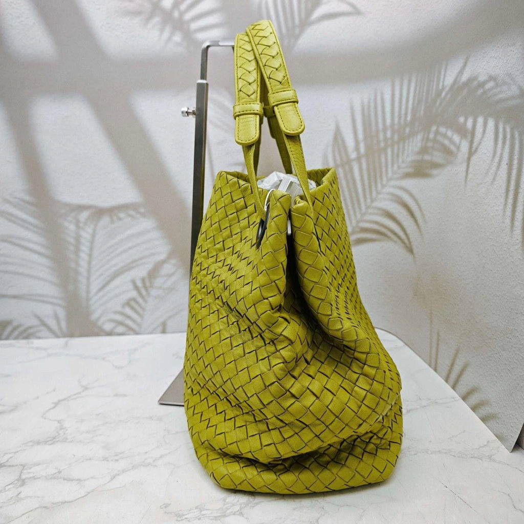 Bottega Veneta Yellow Green Woven Leather Shoulder Handbag For Women