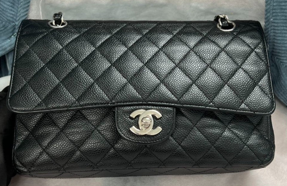 Chanel Classic Flap MM Chain Shoulder Bag Crossbody Black Silver Diamond Women