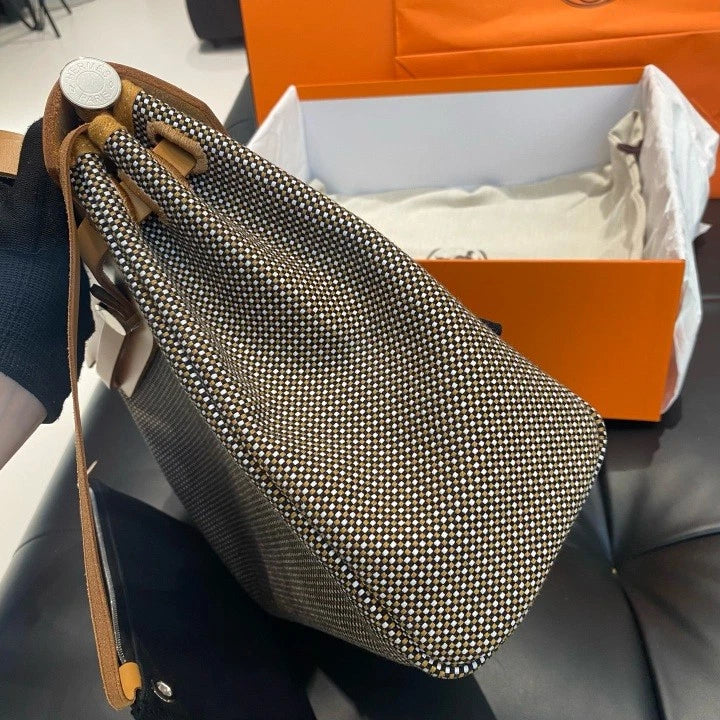Hermes Herbag 31 Calfskin Canvas Top Handle Crossbody Bag Brown Women D