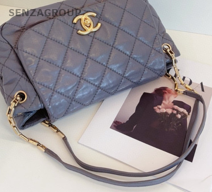 Chanel Calfskin Chain Shoulder Bag Gray Gold Women Classic Fashion
