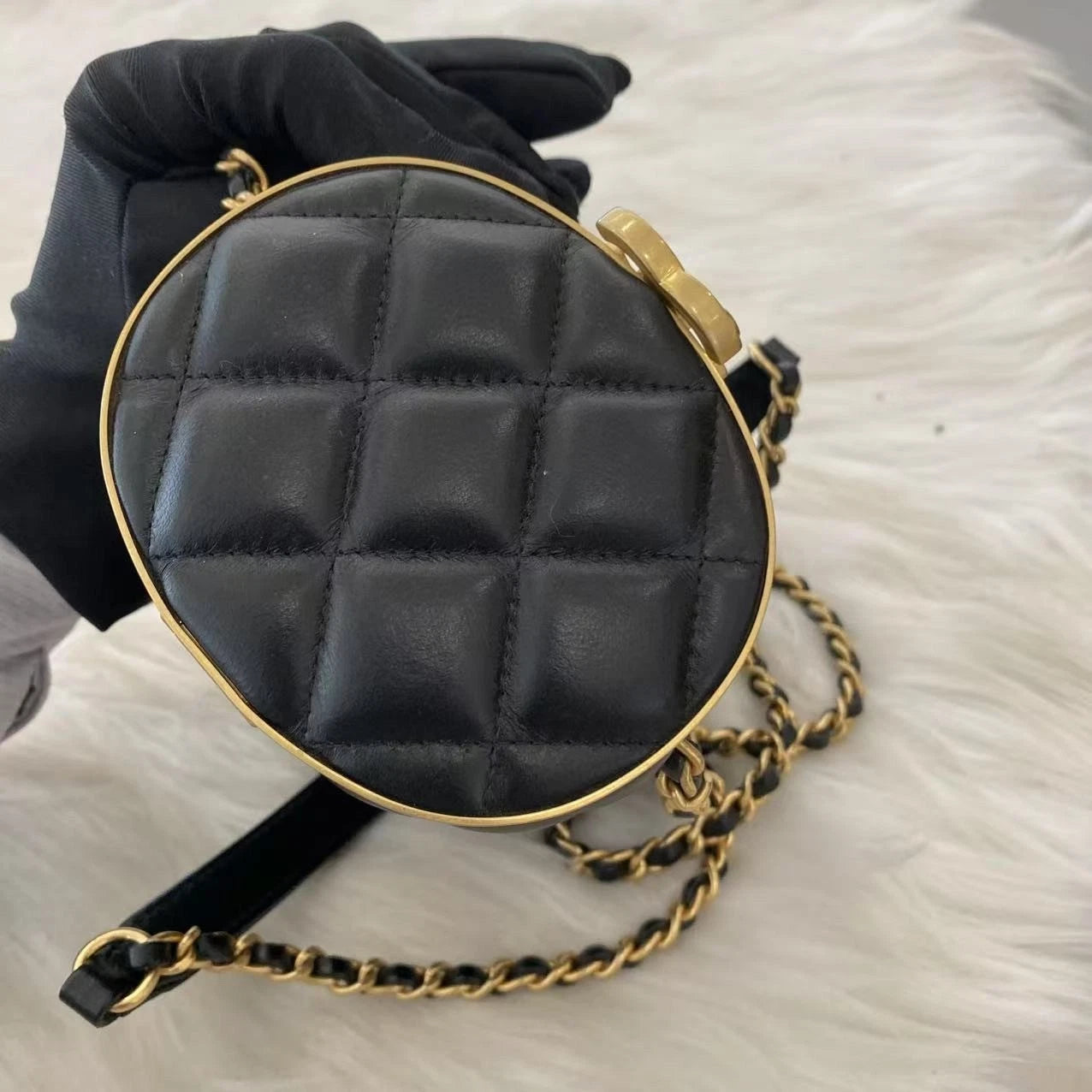 Chanel Classic Black Gold Quilted Cylinder Chain Shoulder Bag