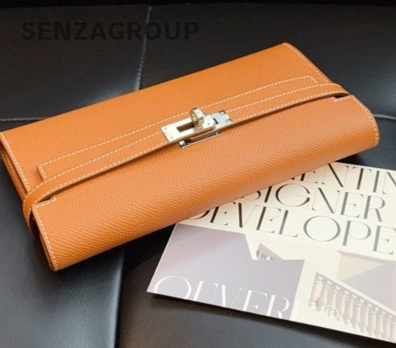 Hermes Kelly Epsom Leather Long Wallet Brown Silver Used Women Classic