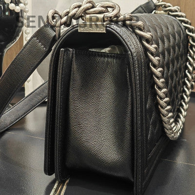 Chanel Le Boy Black Silver Medium Quilted Chain Shoulder Bag Classic