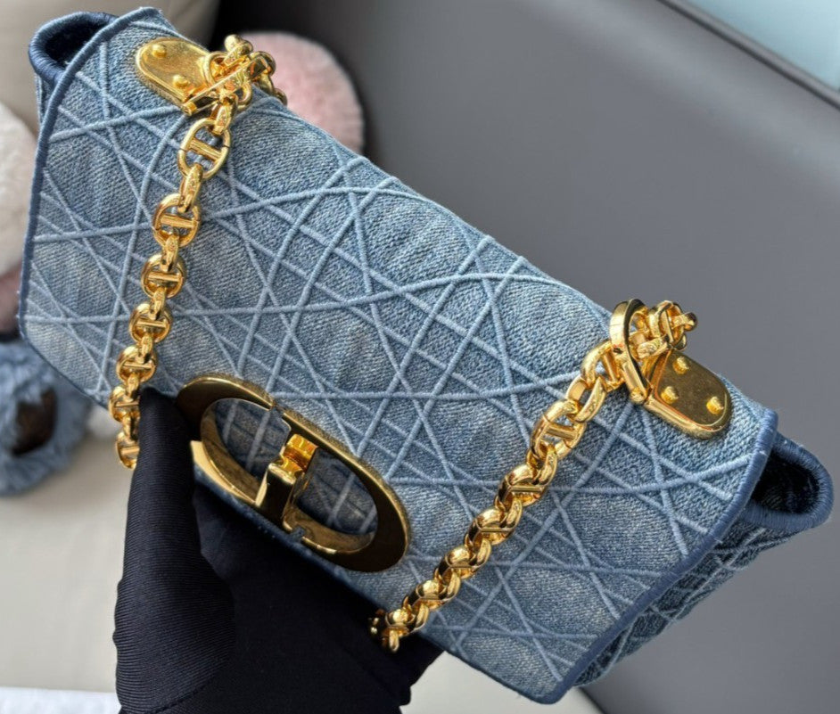 Christian Dior Caro Denim MM Shoulder Handbag Chain Strap  Women