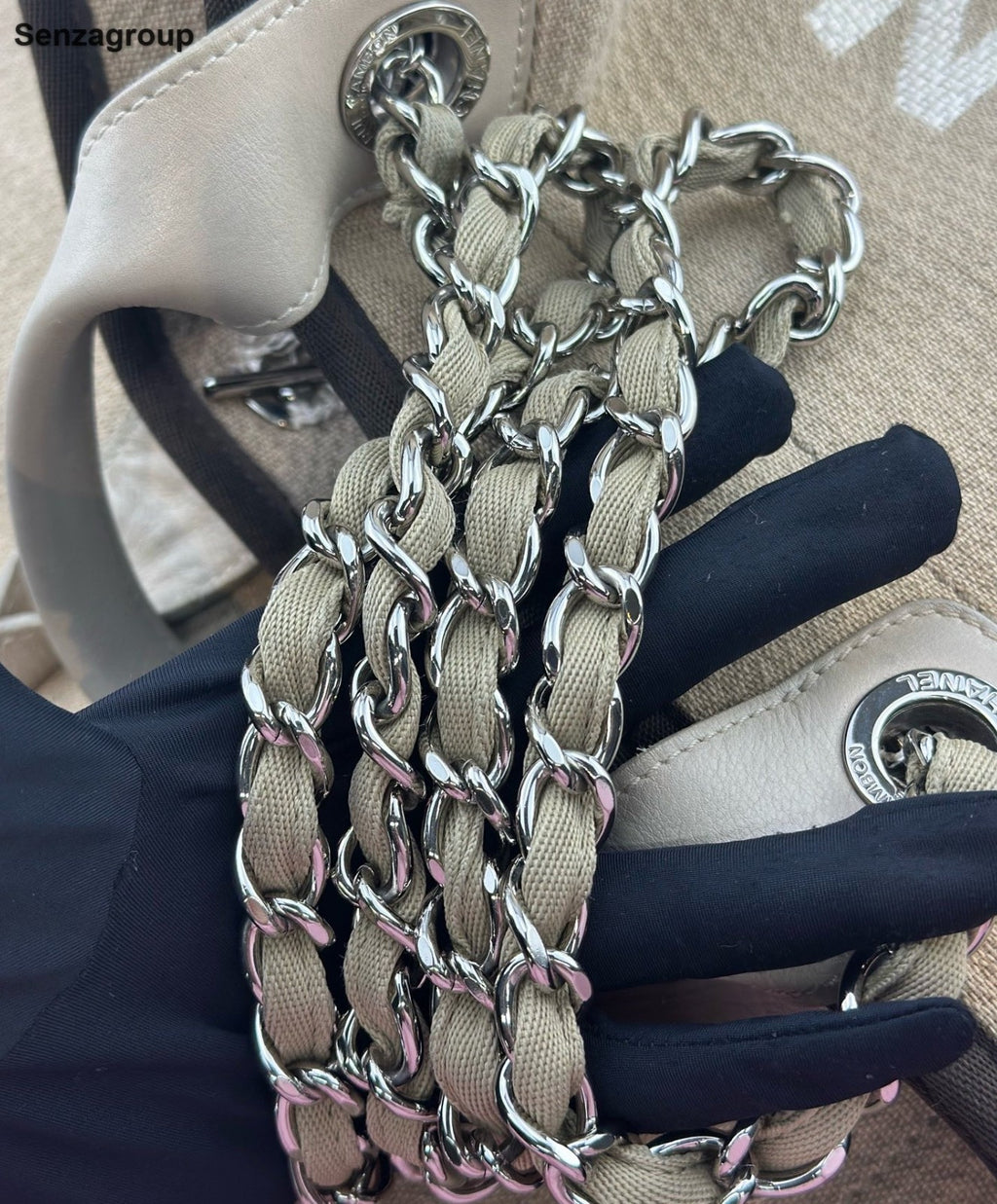 Chanel Beach Bag Tote GM Chain Top Handle Shoulder Bag Brown Gold Women Classic