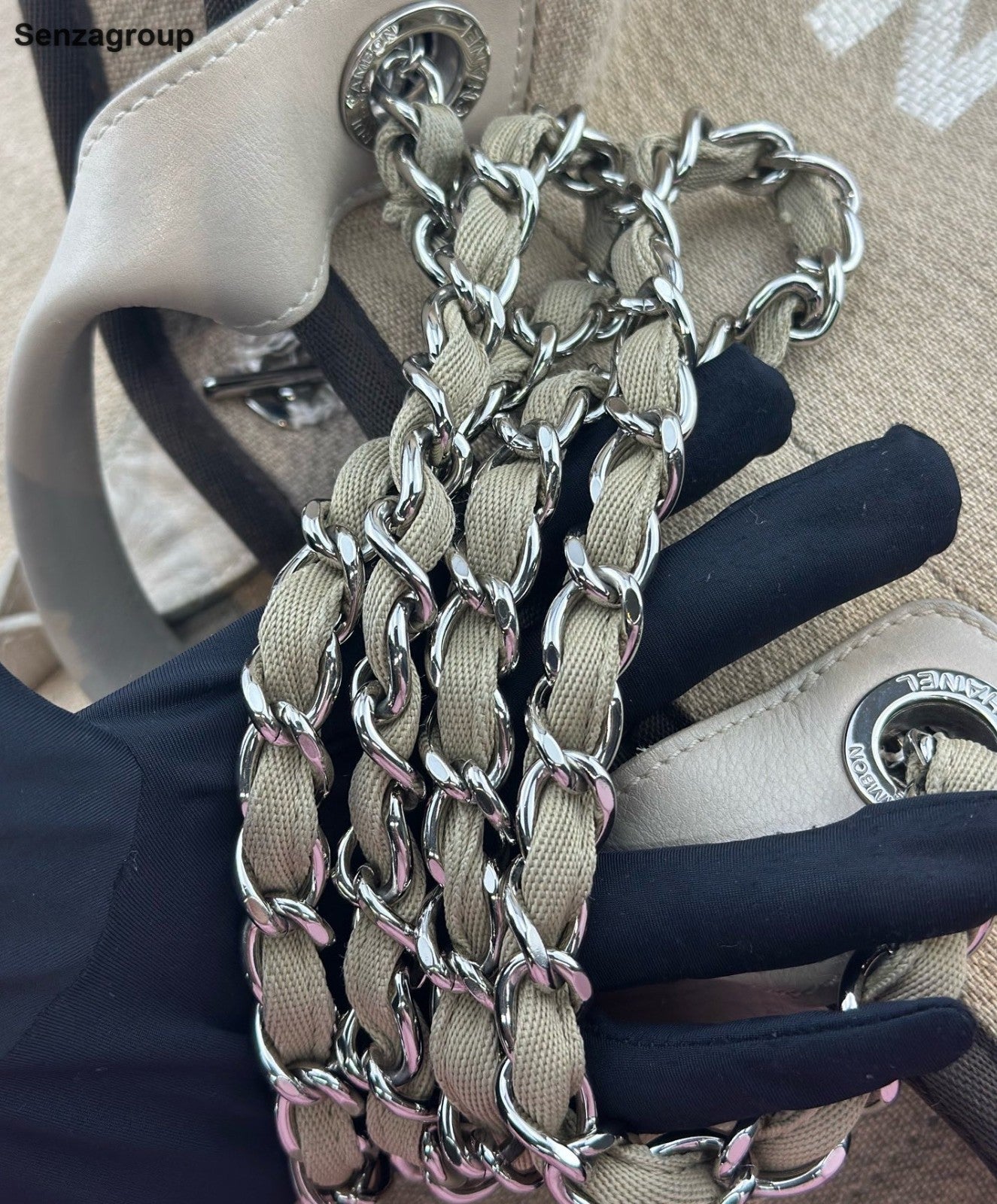 Chanel Beach Bag Tote GM Chain Top Handle Shoulder Bag Brown Gold Women Classic