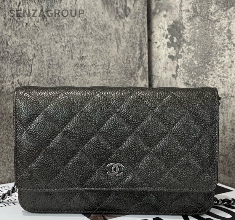 Chanel WOC Diamond Chain Shoulder Bag Crossbody Black Silver Women Classic