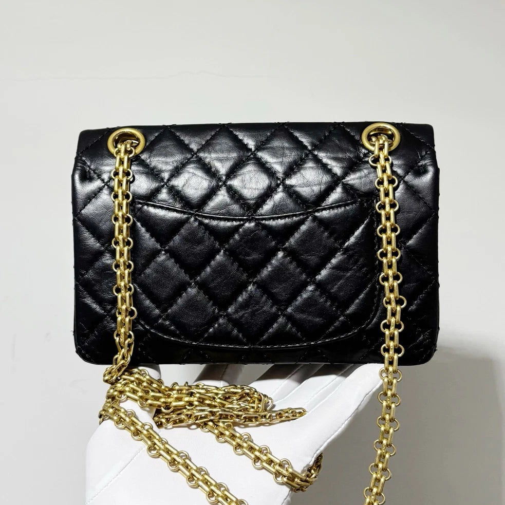 Chanel 2.55 Mini Chain Shoulder Bag Crossbody Black Gold Women Classic Diamond
