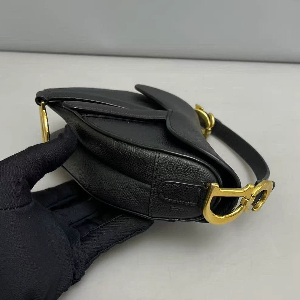 Christian Dior Saddle PM Shoulder Bag Black Gold Calfskin Women Classic