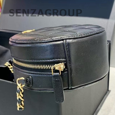Chanel Black Gold Quilted Mini Round Bag Lamb Skin Chain Shoulder Bag