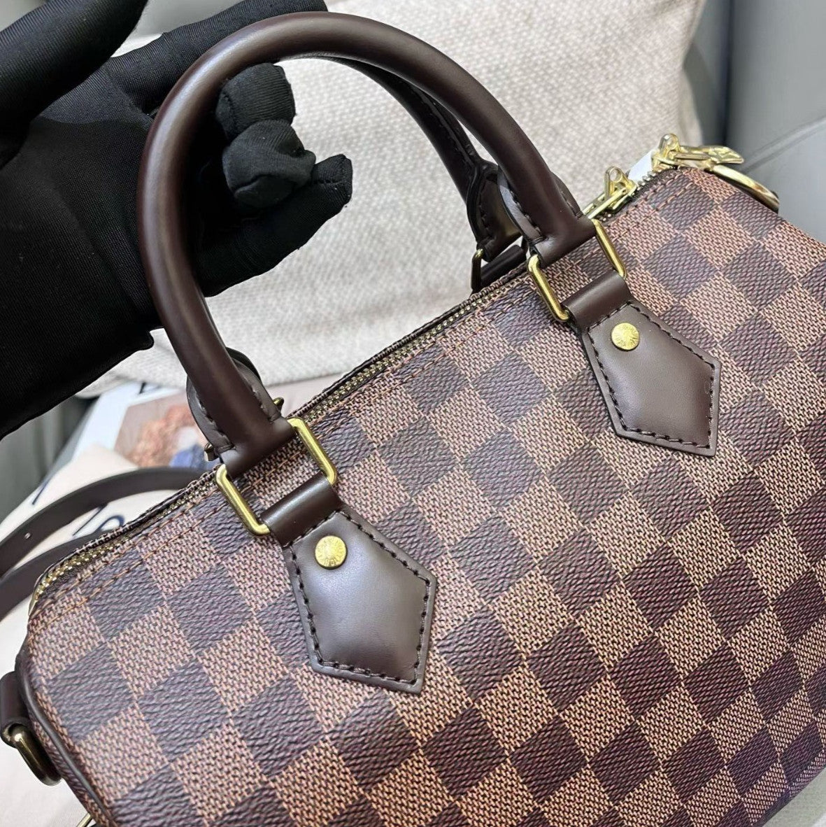 Louis Vuitton Speedy25 Damier Ebene Top Handle Bag Crossbody Brown Gold Women