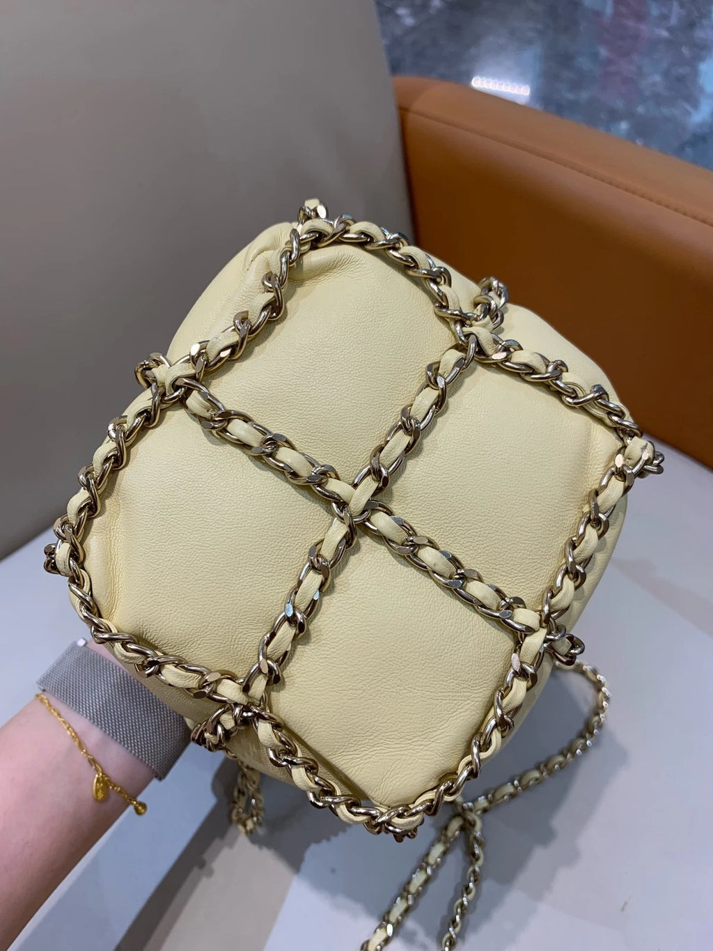 CHANEL Women Yellow Drawstring Bucket Chain Crossbody Bag