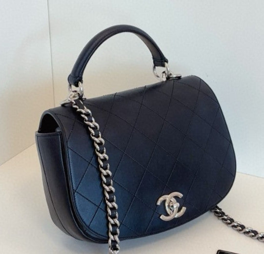 Chanel Diamond Calfskin 2Way Top Handle Chain Crossbody Black Silver Women
