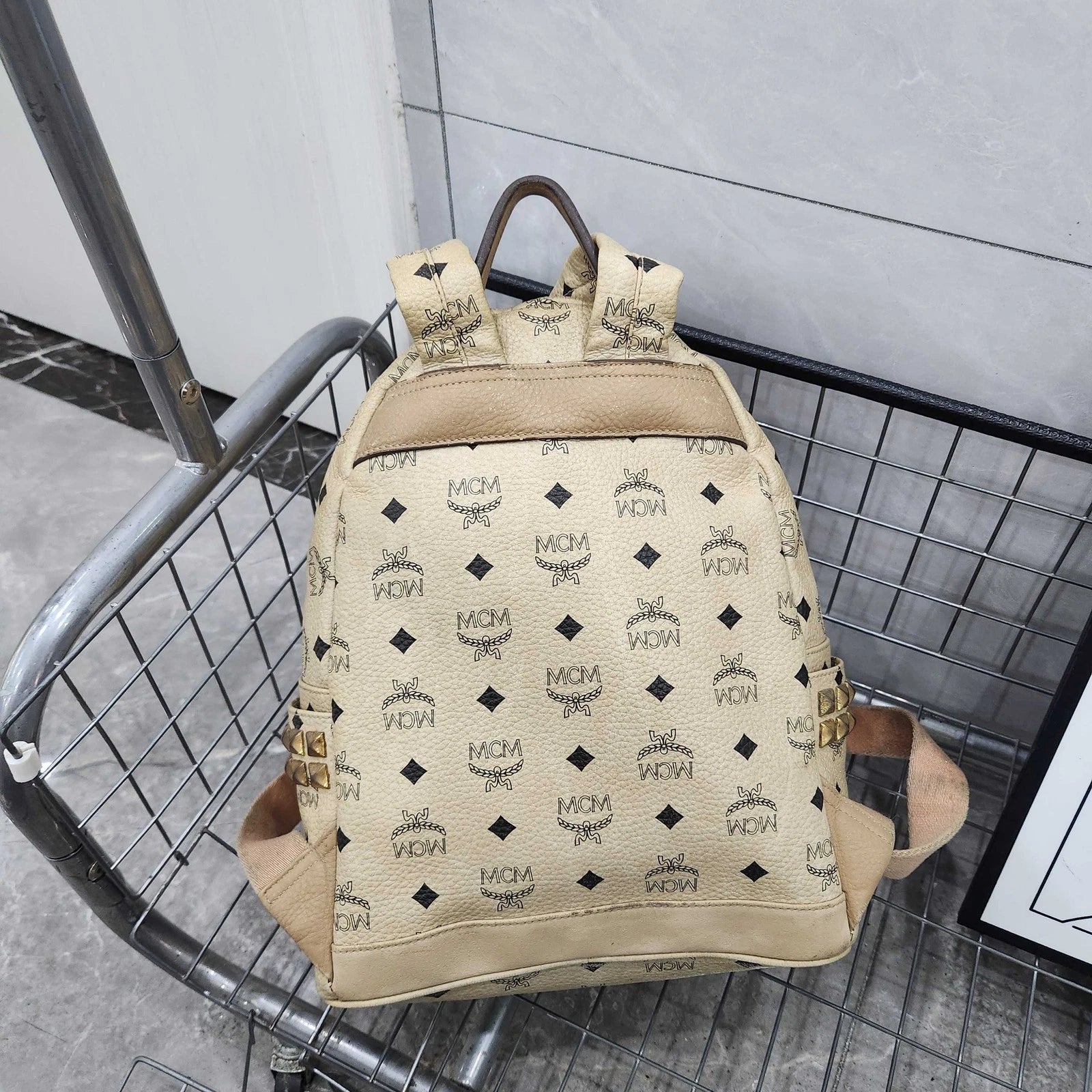 MCM Beige Monogram Studded Backpack For Women
