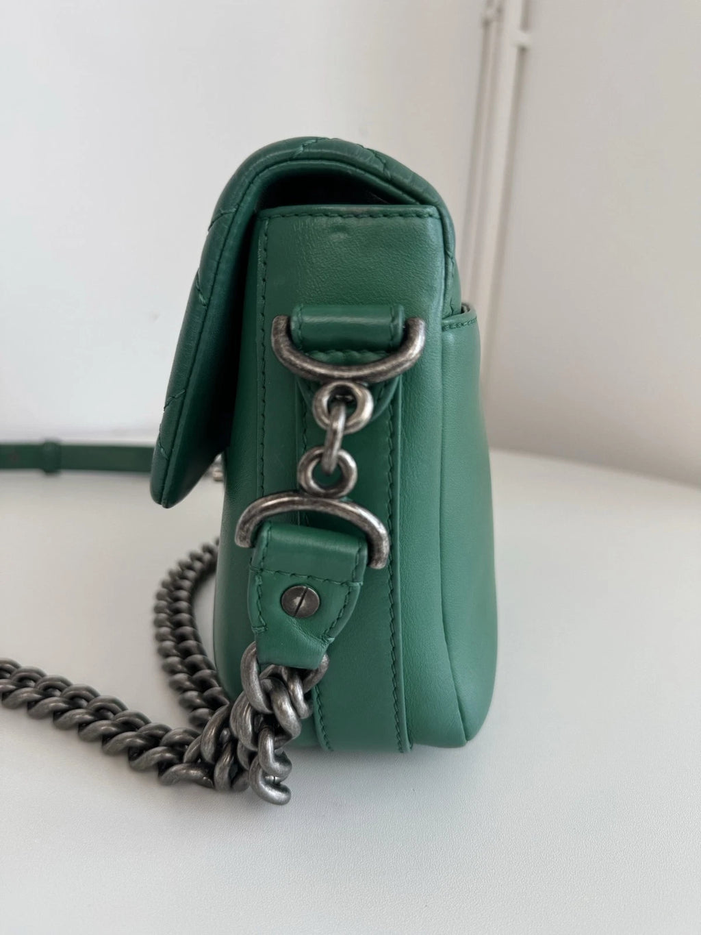 Chanel Classic Flap Calfskin Chain Shoulder Bag Crossbody Green Silver Women