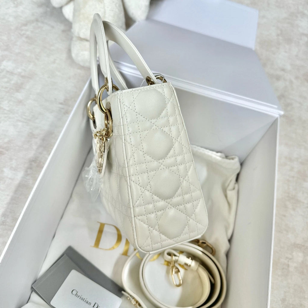 Dior White Leather 4-Grid Lady Dior Top Handle Bag For Women
