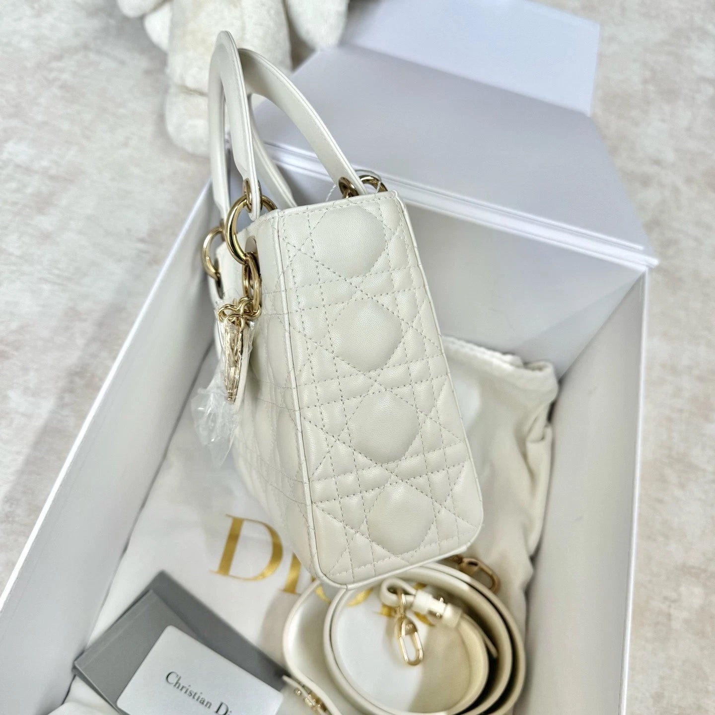 Dior White Leather 4-Grid Lady Dior Top Handle Bag For Women