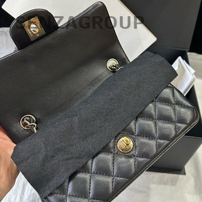 Chanel CF Mini Black Gold Lambskin Quilted Chain Crossbody Bag