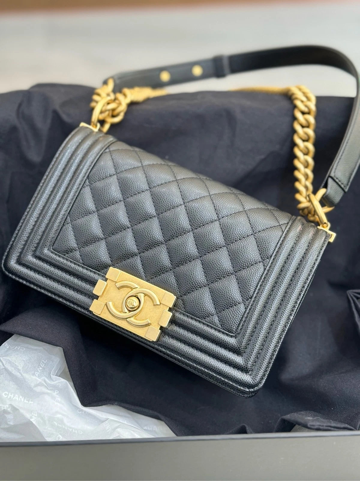CHANEL LeBoy Small Black Gold Calfskin Shoulder Crossbody Bag For Women