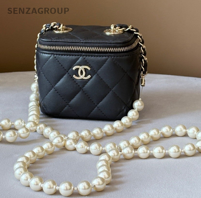 Chanel Lambskin Mini Pearl Chain Shoulder Bag Crossbody Black Gold Women Classic