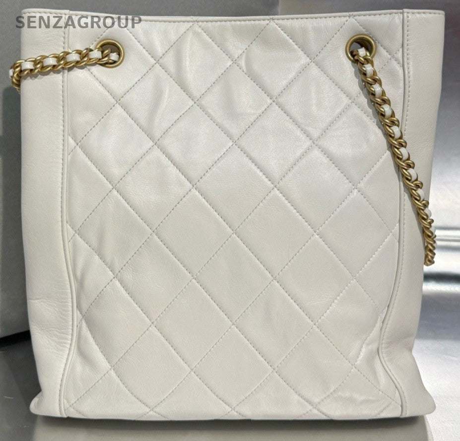 Chanel Calfskin Tote Chain Shoulder Bag White Gold Used Women Diamond Classic