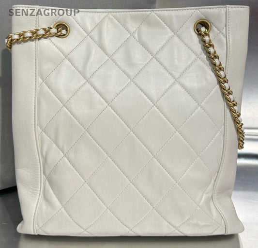 Chanel Calfskin Tote Chain Shoulder Bag White Gold Used Women Diamond Classic