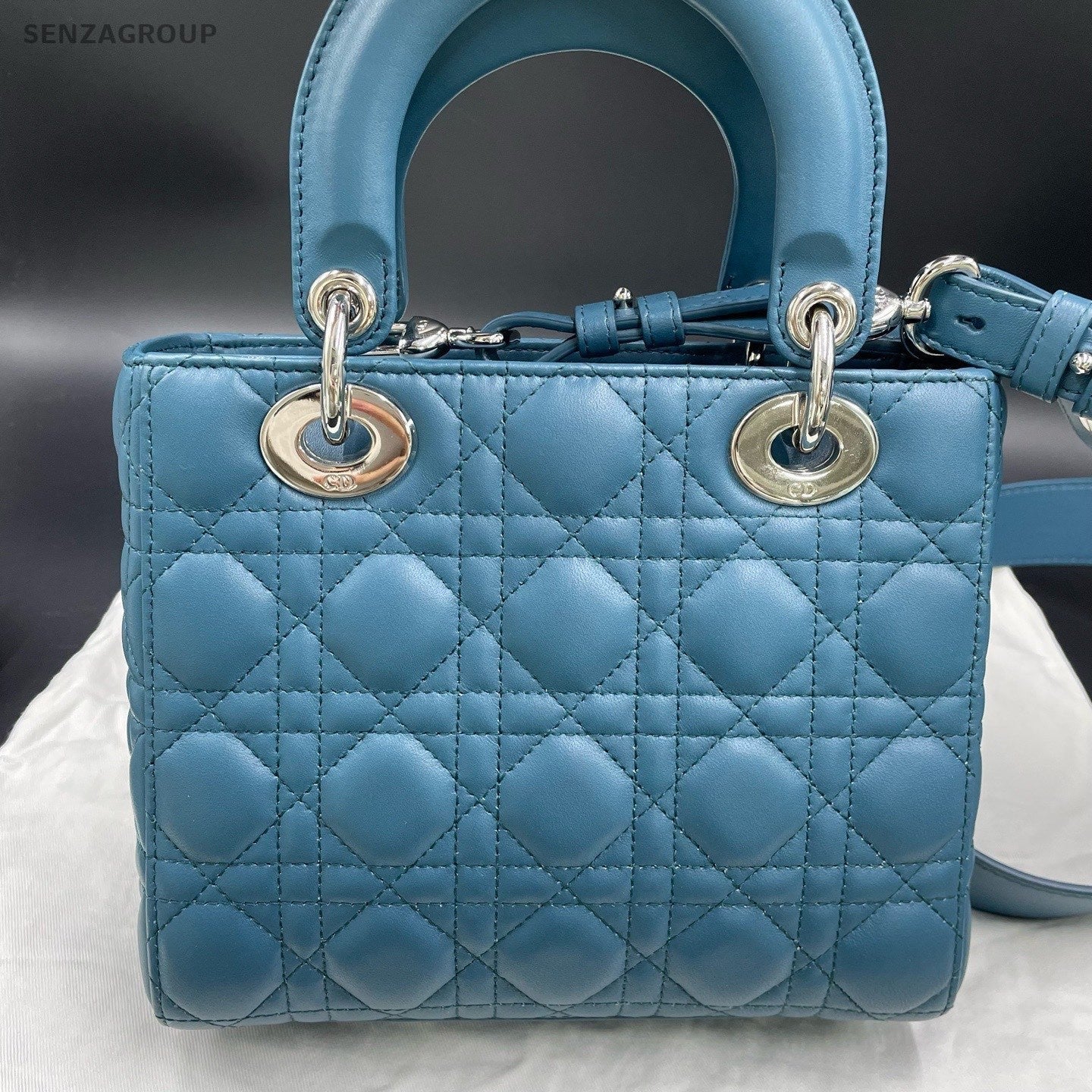 Christian Dior Lady Dior 2Way Top Handle Bag Crossbody Blue Silver Women Classic