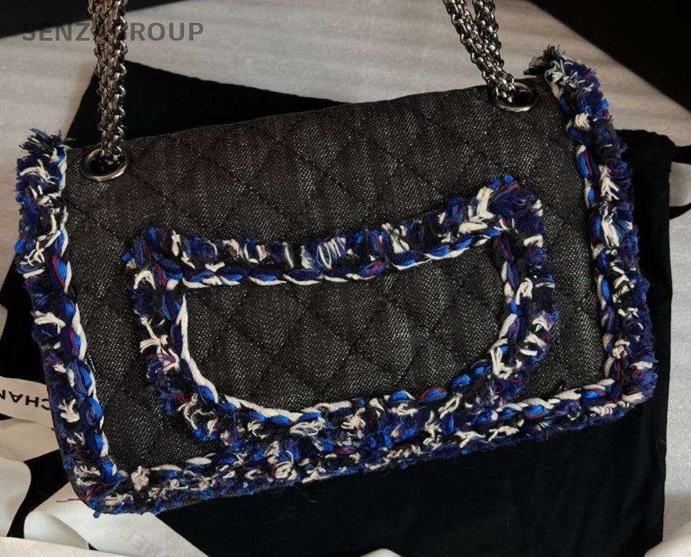 Chanel 2.55 Chain Crossbody Shoulder Bag Blue Black Silver Women Diamond Classic