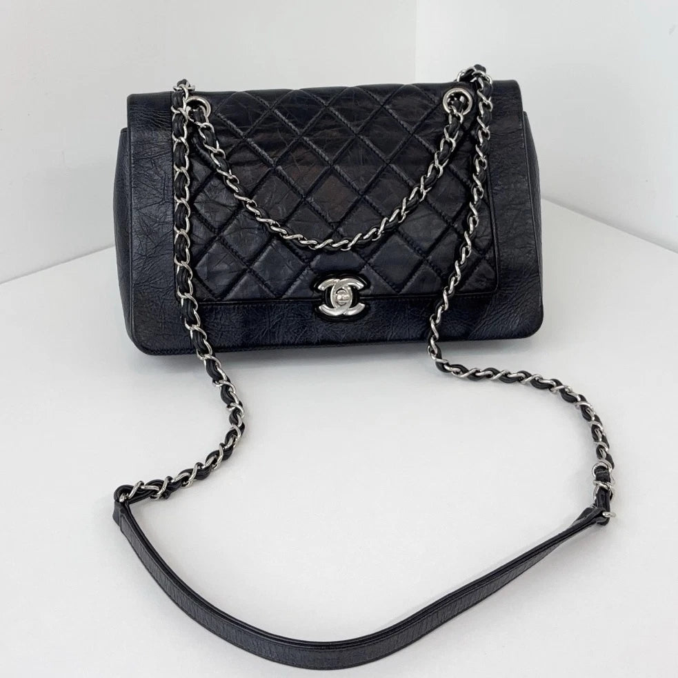 Chanel Water Shine Calfskin Black Silver Crossbody Bag Women Classic