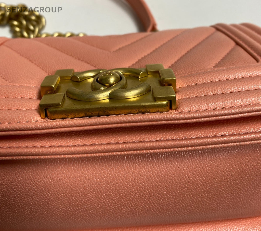 Chanel Leboy PM Chain Shoulder Bag Pink Gold Chevron Women Classic Fashion