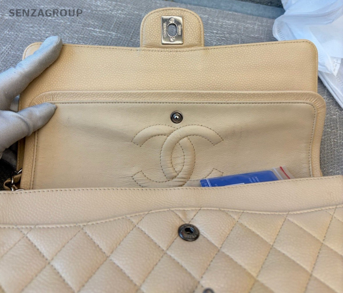 Chanel Classic Flap MM Chain Shoulder Bag Crossbody Beige Gold Women Diamond