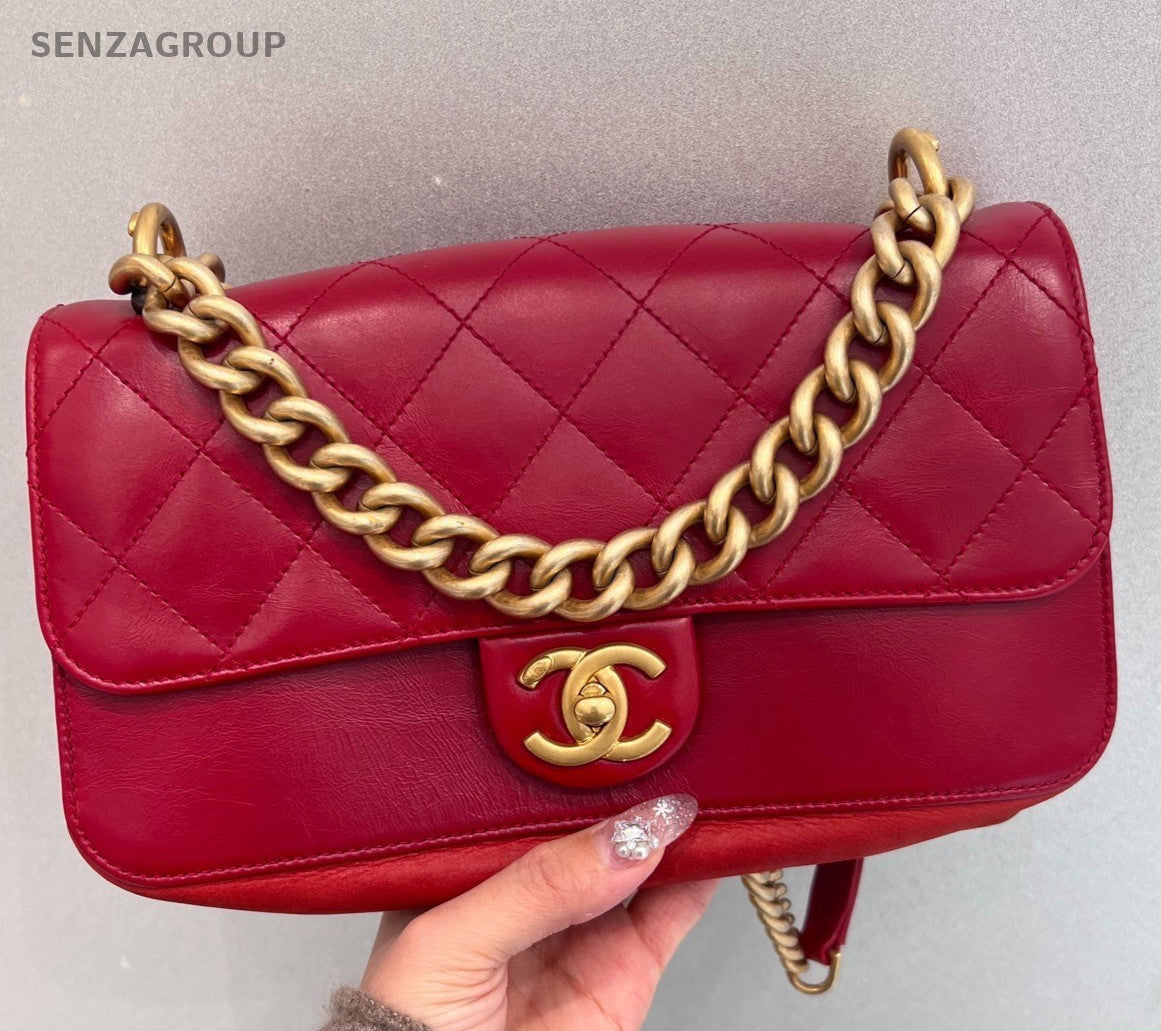 Chanel Diamond MM Chain Shoulder Bag Crossbody Red Gold Used Women Classic
