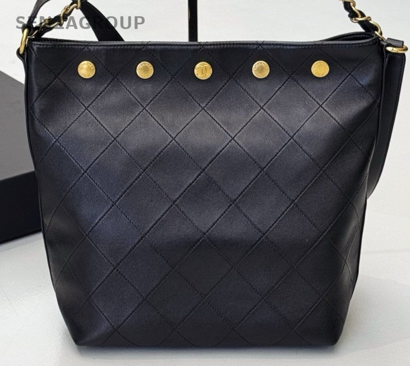 Chanel 25P Hobo Bucket Chain Shoulder Bag Black Gold Women Classic