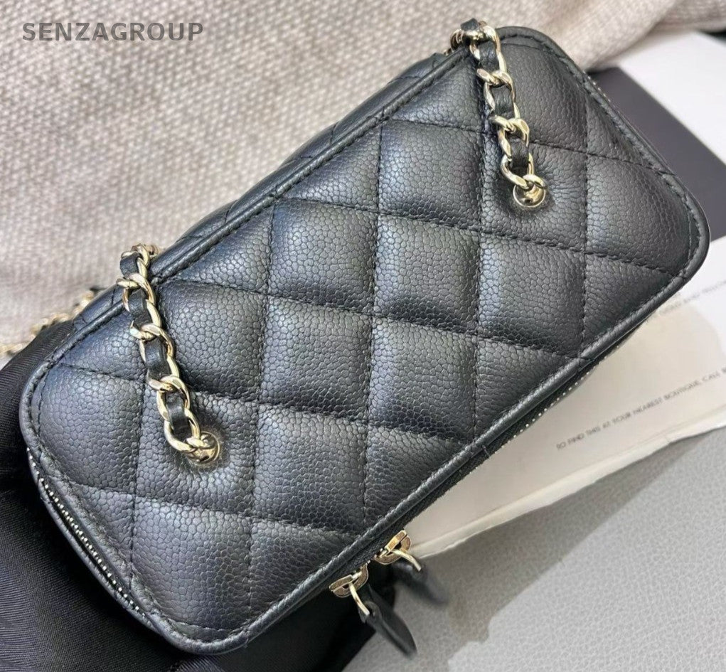 Chanel Diamond Chain Calfskin Box Crossbody Black Gold Women Classic Fashion