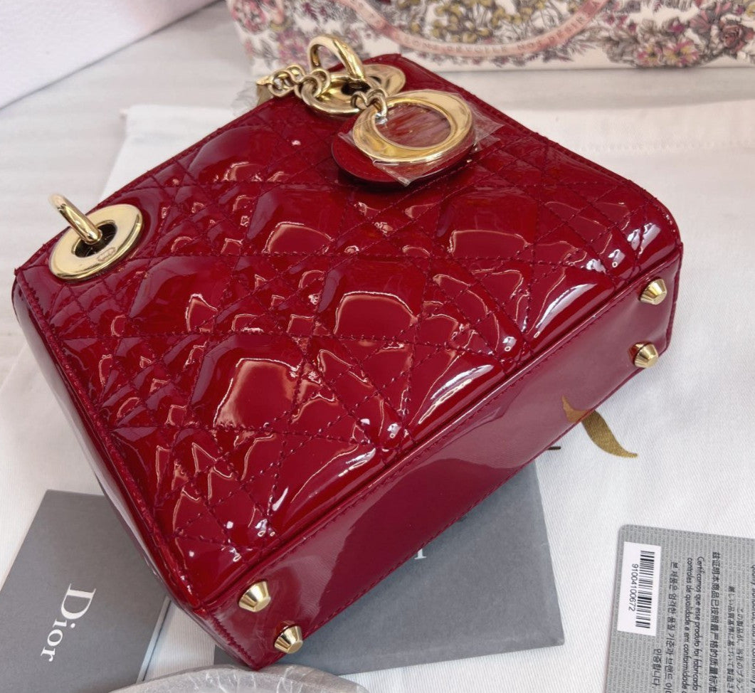 Christian Dior Lady Top Handle Chain Shoulder Handbag Red Gold Almost Brand NEW