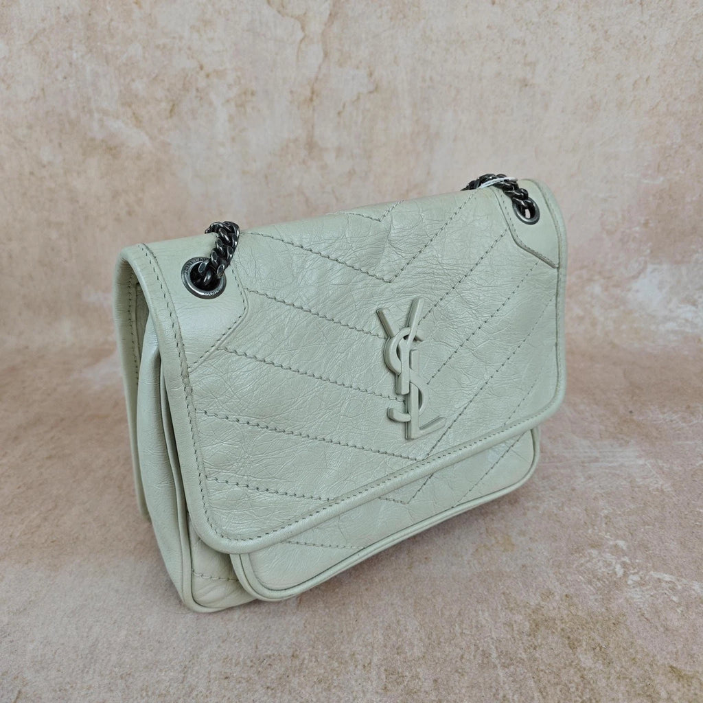 YSL Niki Small White Wax Leather Shoulder Crossbody Bag For Women