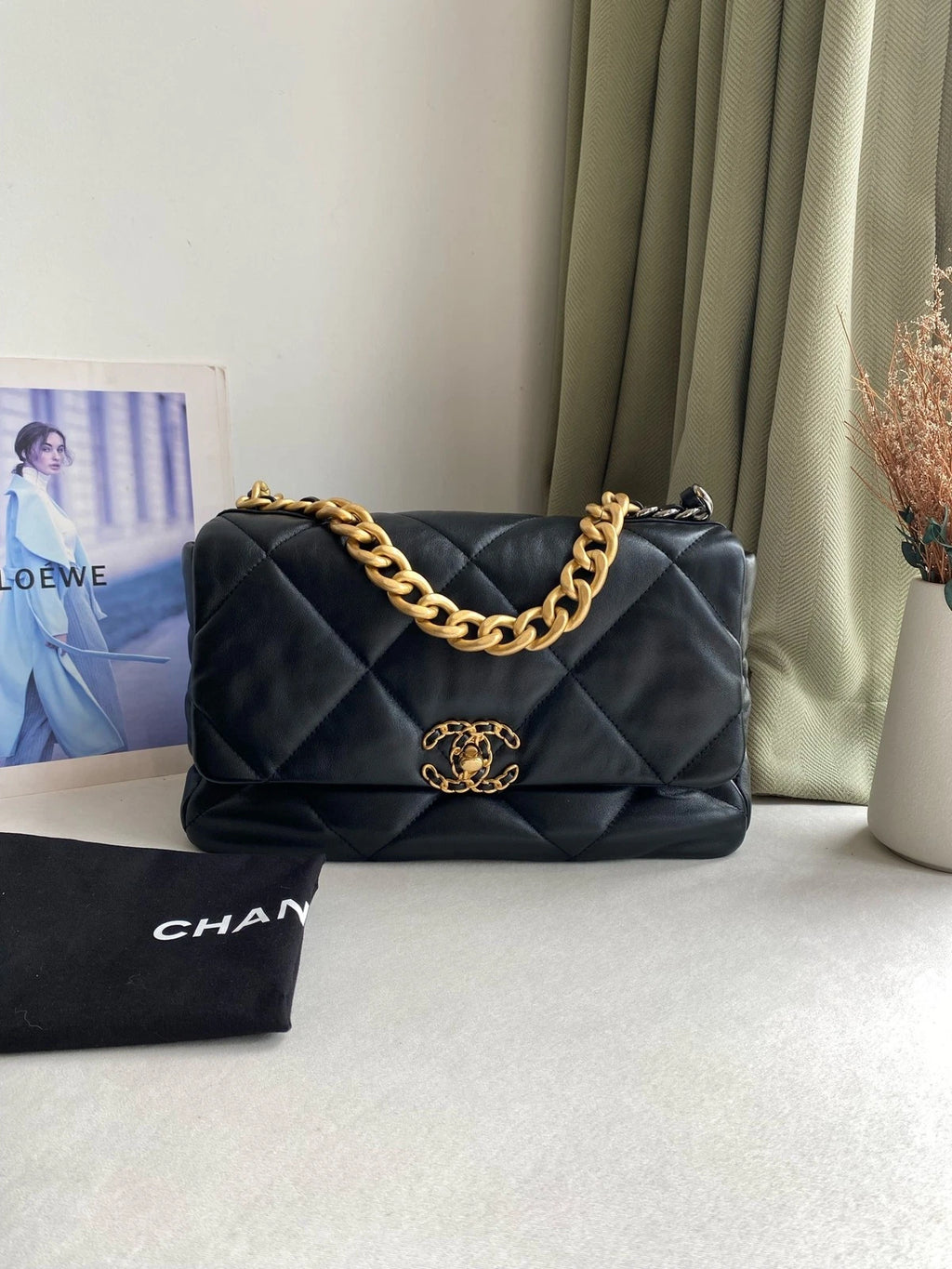 Chanel 19Bag Medium Black Gold Shoulder Crossbody Handbag For Women