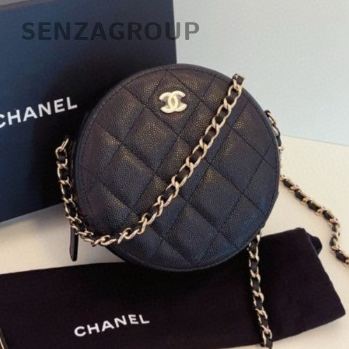 Chanel Calfskin Chain Round Bag Crossbody Diamond Black Gold Women Classic