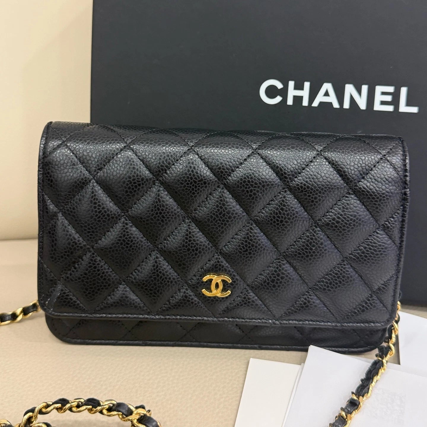 CHANEL Black Gold Leather WOC Crossbody Bag For Women