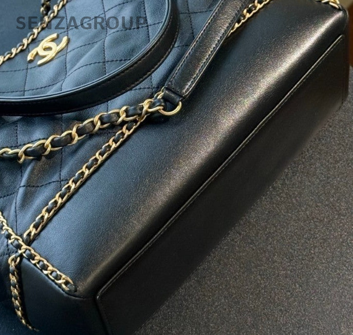 Chanel Lambskin Chain CC Logo Tote Shoulder Bag Black Gold Used Women Classic