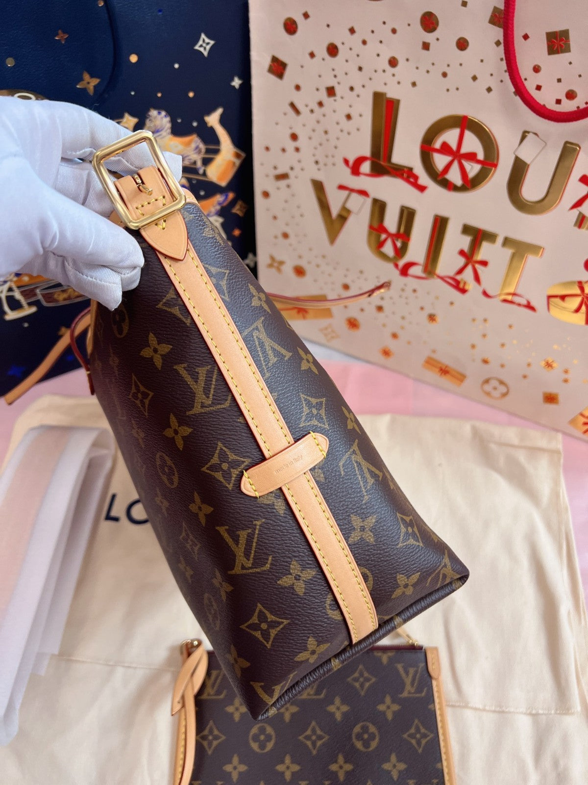 Louis Vuitton Carryall PM Monogram Shoulder Bag Brown Gold Women Classic
