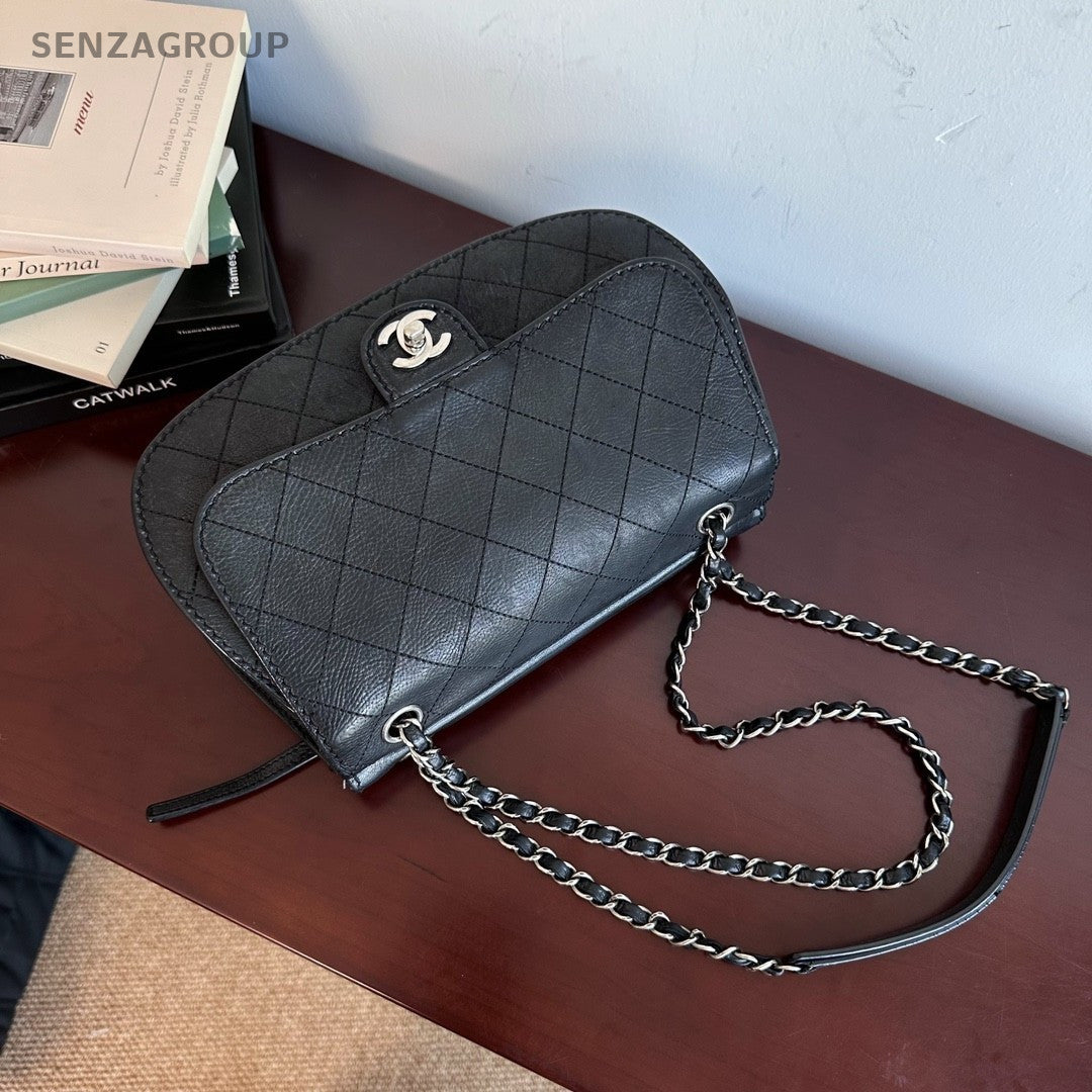 CHANEL Diamond Patten Calfskin Chain Shoulder bag Crossbody Women Black Silver