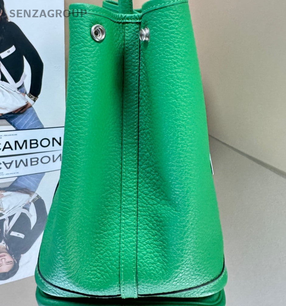 Hermes Garden 36 Silver Metal Top Handle Bag Green Women Designer Canvas