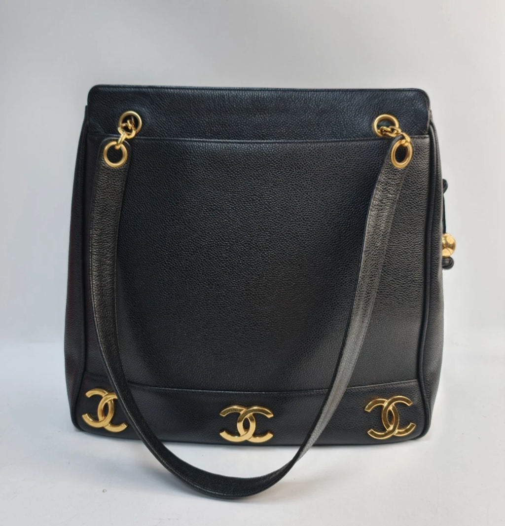 Chanel Vintage Tote Bag Shoulder Bag Black Gold Hardware Women Classic