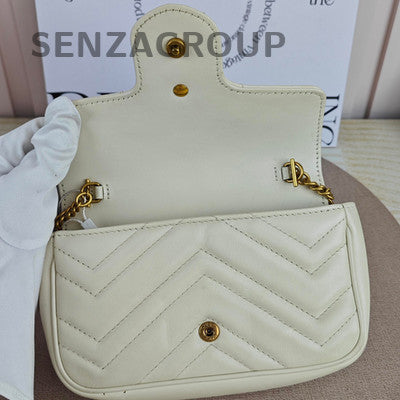 Gucci Marmont Mini Chain Shoulder Bag in White Gold - Fashion Women
